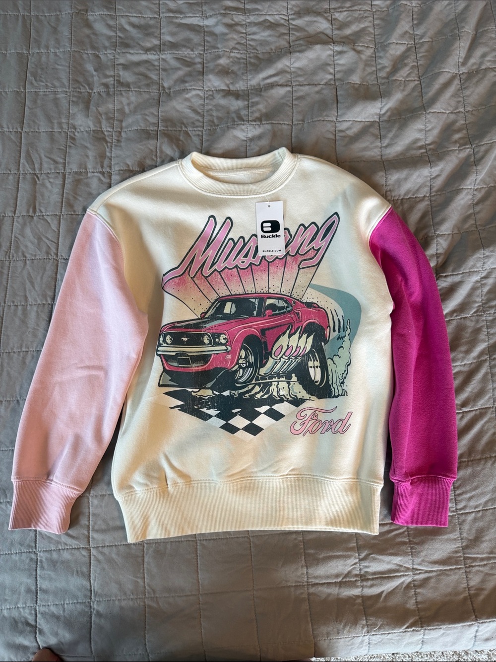 BKE girls-Ford Colorblock Mustang Crewneck Sweater - Cream, Light Pink & Magenta